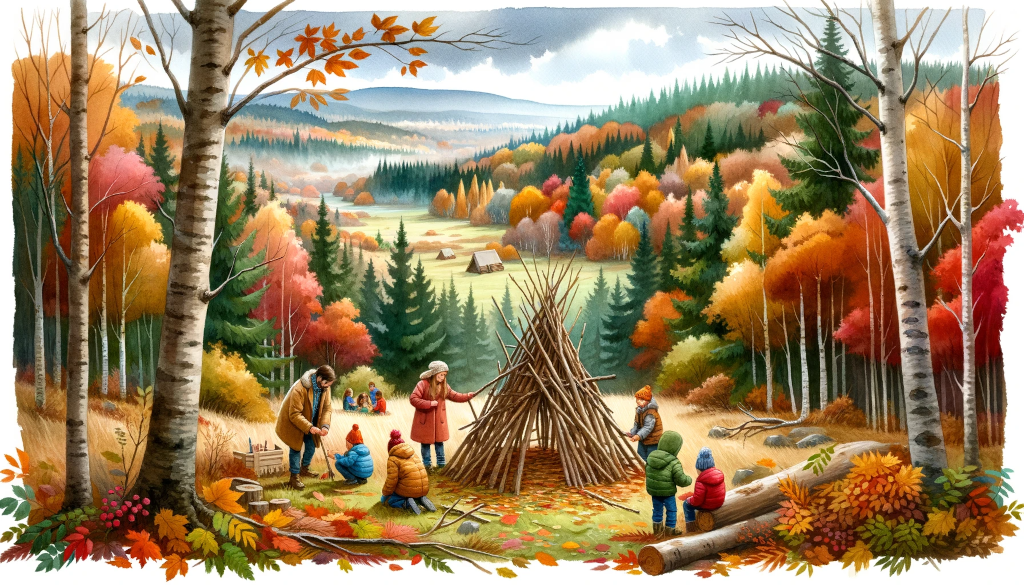 Ein wasserfarbengemaltes Bild eines herbstlichen Waldes mit Kindern, die ein Tipi aus Ästen bauen. Die Bäume sind mit bunten Herbstblättern bedeckt und der Himmel ist klar und blau.