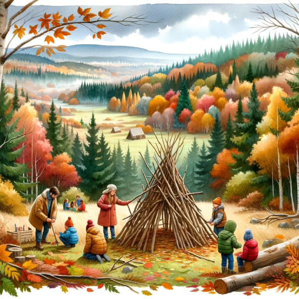Ein wasserfarbengemaltes Bild eines herbstlichen Waldes mit Kindern, die ein Tipi aus Ästen bauen. Die Bäume sind mit bunten Herbstblättern bedeckt und der Himmel ist klar und blau.