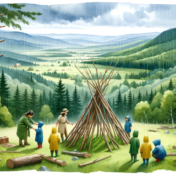 Ein wasserfarbengemaltes Bild eines Waldes mit Kindern, die ein Tipi aus Ästen bauen.